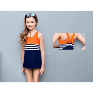 SIZE 9 10 Balneaire Kids Orange Navy Blue Stripe Sailor Euro Designer Swimsuit